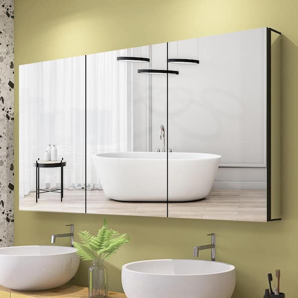 Zeafive 60 in. W x 30 in. H Recessed or Surface Mount Rectangular Black Aluminum Medicine Cabinet with Mirror and Glass Shelves