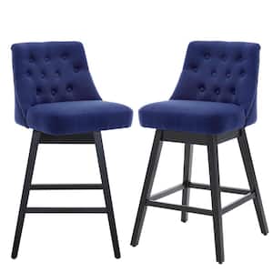 26 in. Counter Height Blue Linen Fabric Solid Wood Leg Swivel Bar Stool (Set of 2)