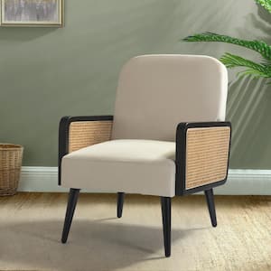 Elva Modern Beige Polyester Armchair with Rattan Armrests and Wooden Legs