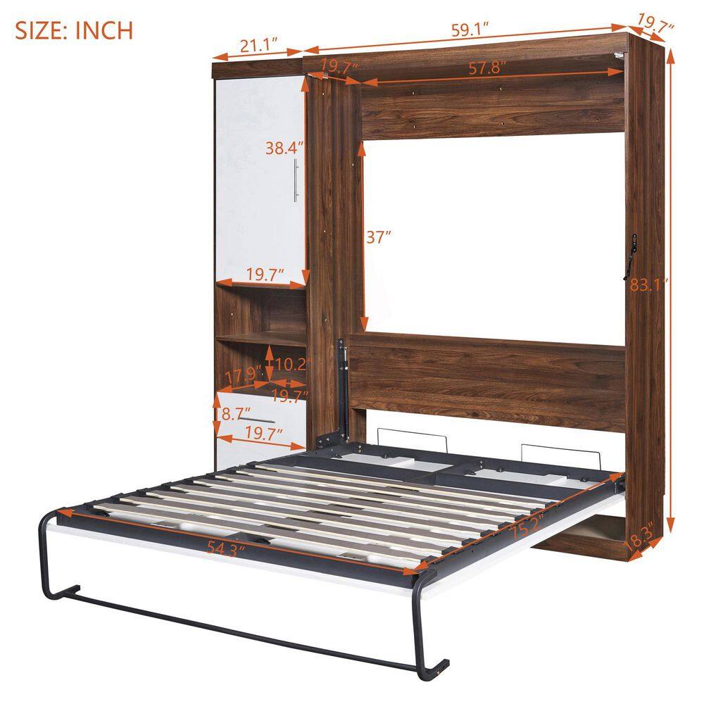 White and Brown Wood Frame Full Size Murphy Bed, Wall Bed with Cabinet - thumbnail 2
