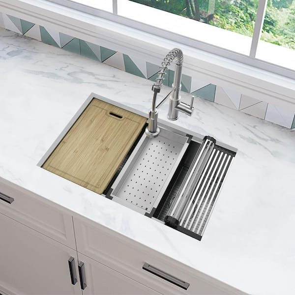 Professional Zero Radius 27 in. Undermount Single Bowl 16 Gauge Stainless Steel Workstation Kitchen Sink with Faucet