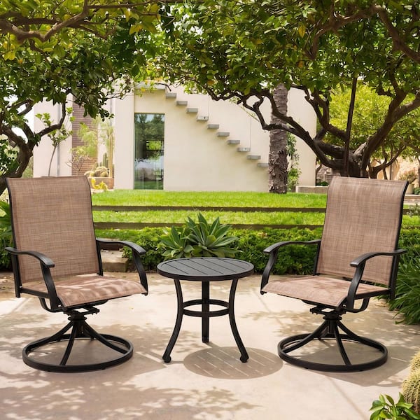 Brown 3-Piece Textilene and Iron Outdoor Bistro Set, 2 Swivel Chairs and Round Bistro Table