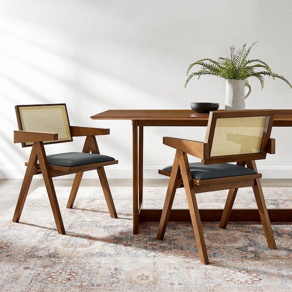 Thera Wood Dining Armchairs with Faux Leather Seat Set of 2 in Walnut Black-Mid-Century Modern Rattan Dining Chairs