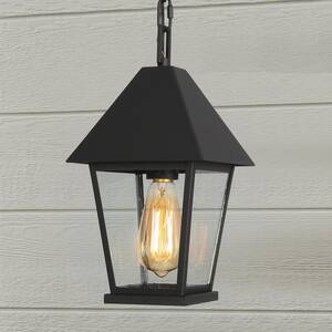 Modern Farmhouse Black Metal Outdoor Hanging Lights, 1-Light Classic Outdoor Pendant Light with Seeded Glass Shade