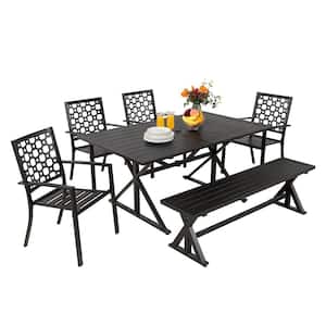 6-Piece Metal Outdoor Dining Set with Bench, 4 Stackable Patio Chairs, 1 Park Bench  Rectangle Table1.6 in. 2 in. Hole