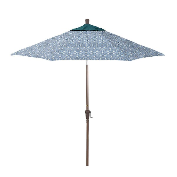 California Umbrella 9 ft. Champagne Aluminum Market Patio Umbrella with Crank Lift and Autotilt in Palmetto Azure Pacifica Premium