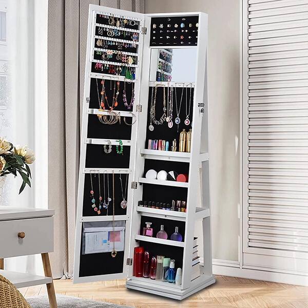 White Jewelry Cabinet Standing, 360° Rotating Jewelry Armoire