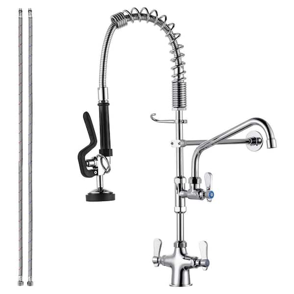 ARCORA Solid Brass Commercial Deck Mount Triple Handle Pull Down Sprayer Kitchen Faucet with Pre-Rinse Sprayer in Chrome
