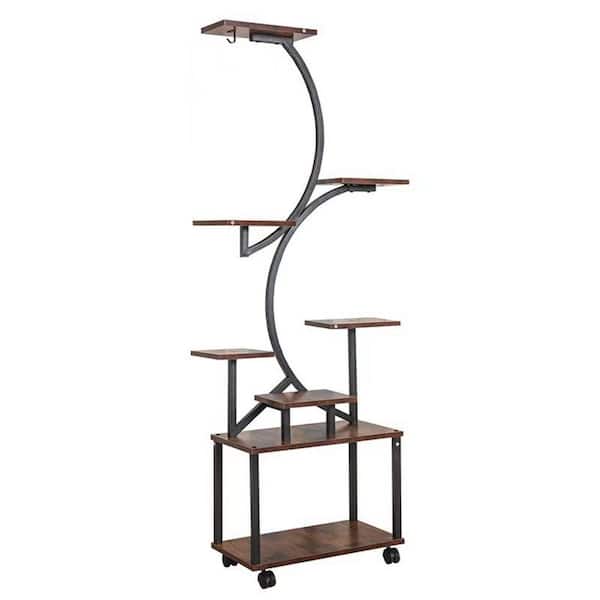Quinlan 61 in. H x 19.6 in. W x 10.2 in. D Indoor Specialty Dark Walnut Wood Plant Stand with Grow Lights 8-Tier
