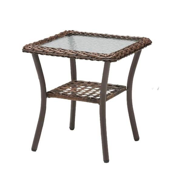 RoundEase Brown Wicker Outdoor Side Table with Tempered Glass Top and Storage Space