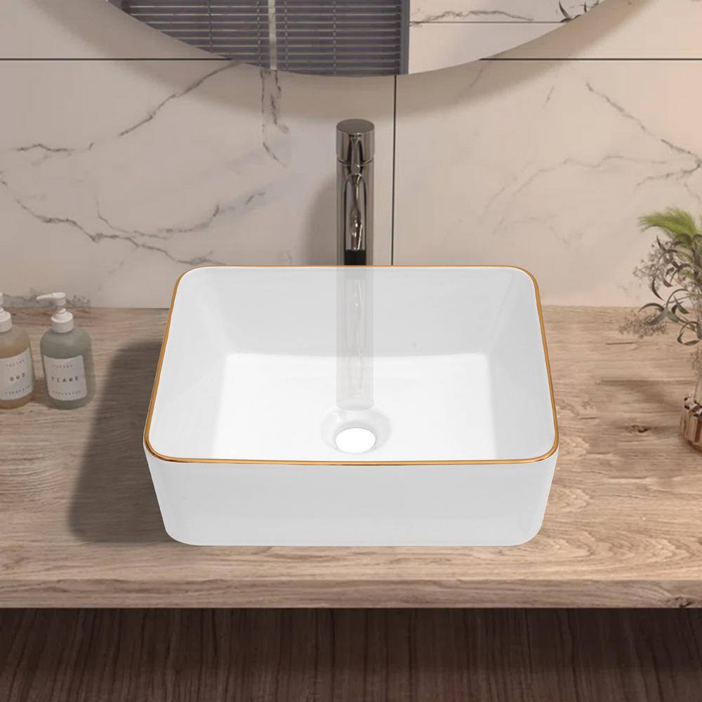 19x15 Inch White Ceramic Rectangular Vessel Bathroom Sink with Gold Trim