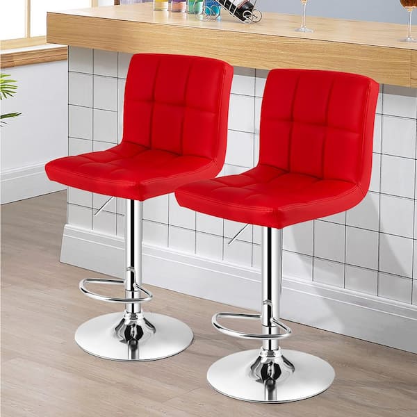 Costway 38 in. - 46 in. Adjustable Height Red Low Back Metal Bar Stool with PU Leather-Seat 360° Swivel (Set of 2)