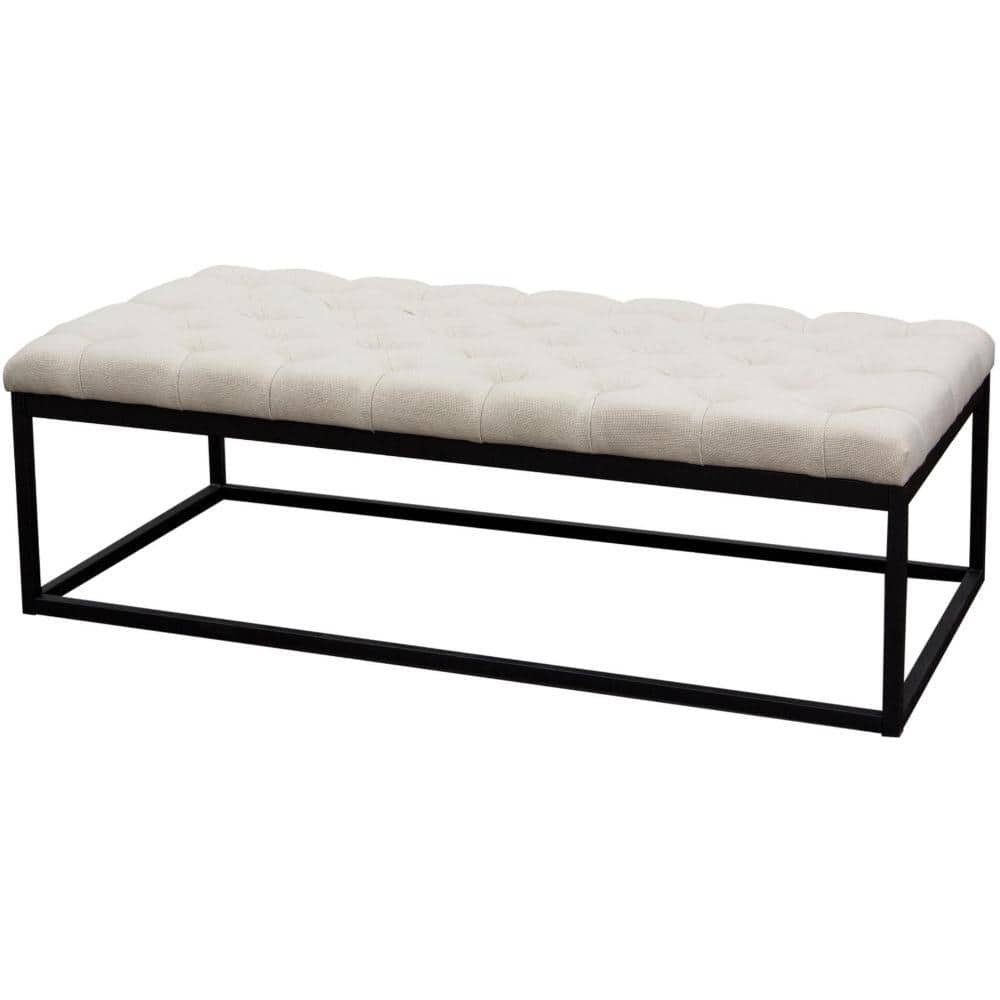 Large Beige Linen Upholstered Bench with Black Metal Base