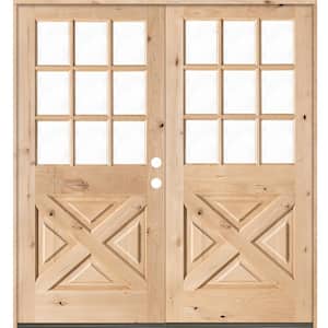 64 in. x 80 in. Knotty Alder 2-Panel Left-Hand/Inswing 1/2 Lite Clear Glass Unfinished Double Wood Prehung Front Door