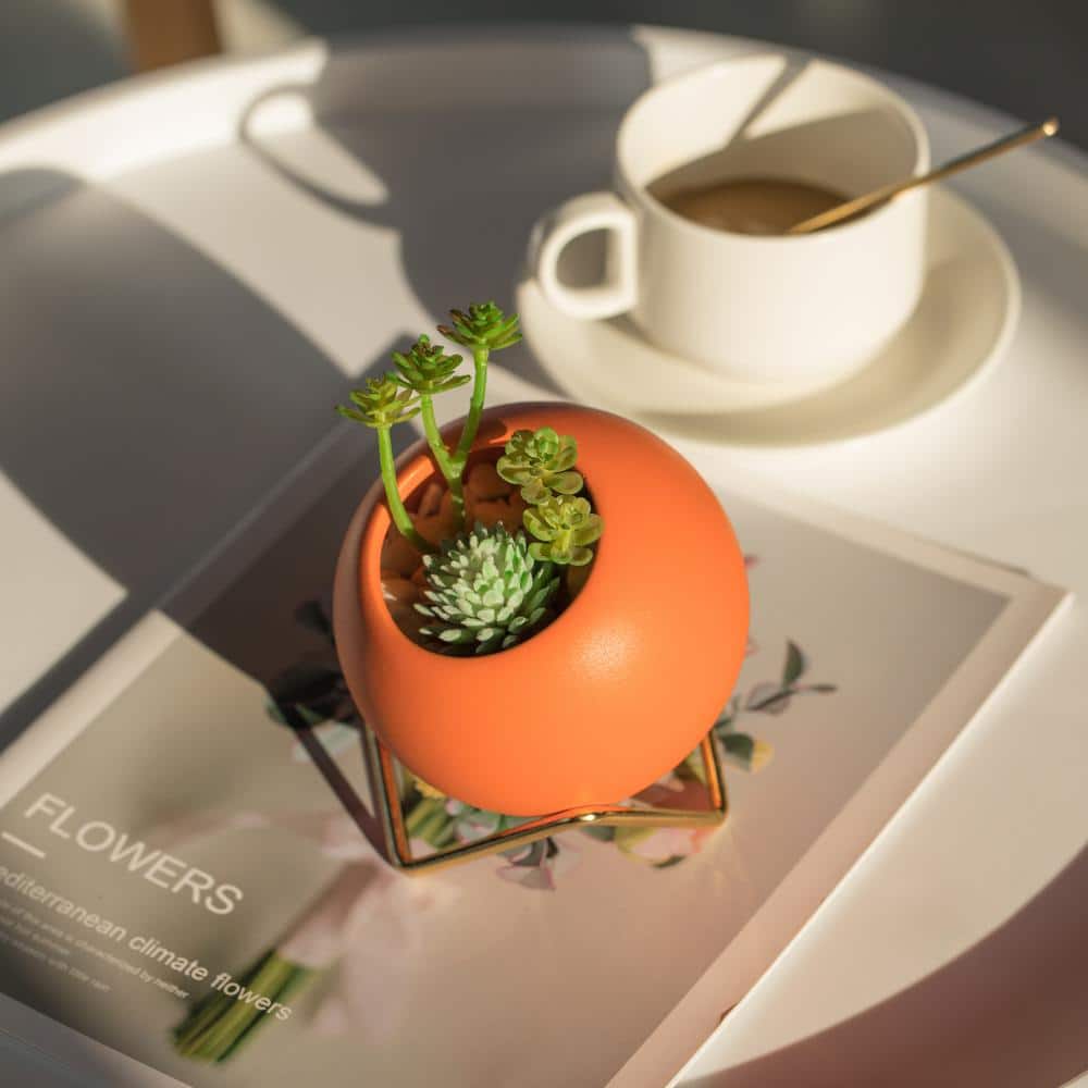 Chic Orange Ceramic Bud Vase with Gold Stand, 4.5"