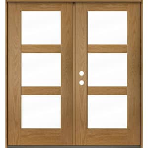 Modern 72 in. x 80 in. 3-Lite Right-Active/Inswing Clear Glass Bourbon Stain Double Fiberglass Prehung Front Door