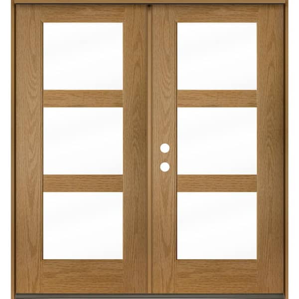 Modern 72 in. x 80 in. 3-Lite Right-Active/Inswing Clear Glass Bourbon Stain Double Fiberglass Prehung Front Door