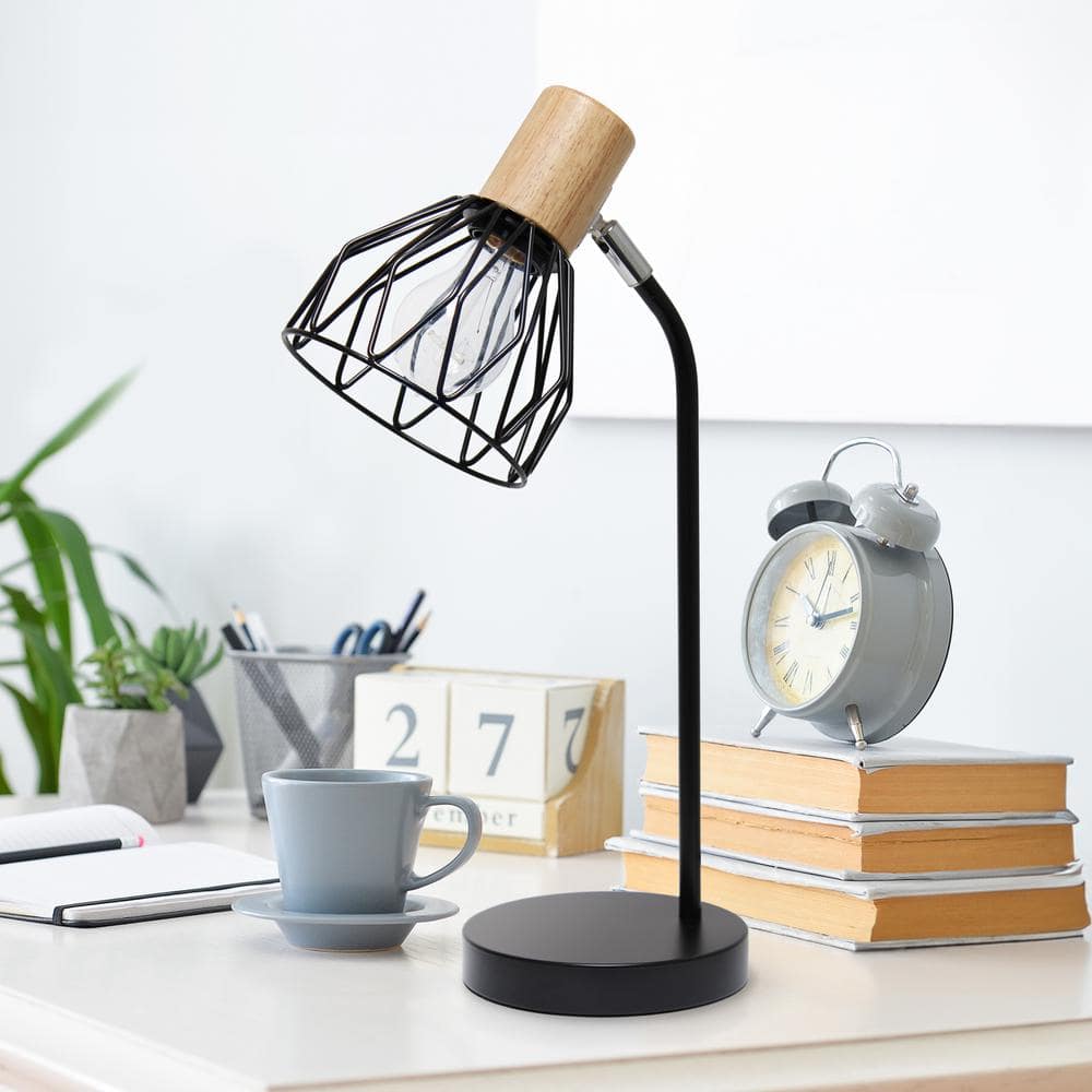 Black Adjustable Industrial Desk Lamp with Wire Cage Shade
