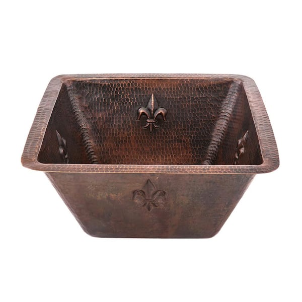 Premier Copper Products Bronze 16 Gauge Copper 15 in. Undermount Square Fleur De Lis Bar Sink with 2 in. Drain Opening