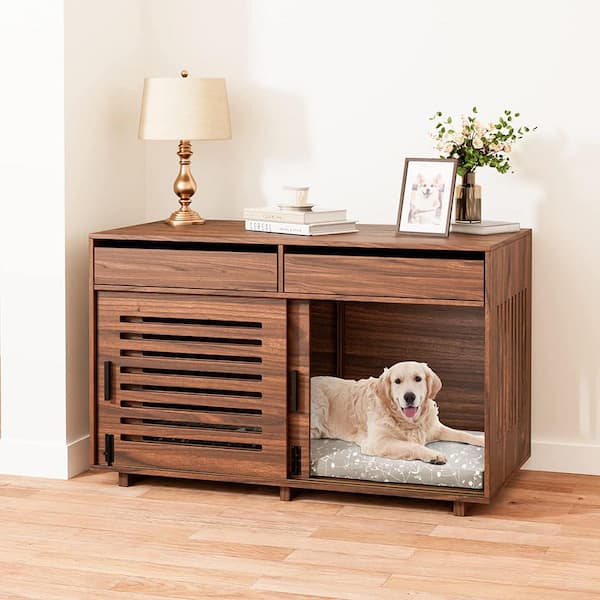 FUFU&GAGA Heavy-Duty Wooden Dog Crate for 2-Dogs, Dog Crate Furniture with Double Slide Doors, End Table Dog House Cages