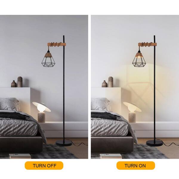 62.99 in. Black Retro 1-Light Standard Floor Lamp for Living Room Bedroom with Rattan and Metal Lampshade
