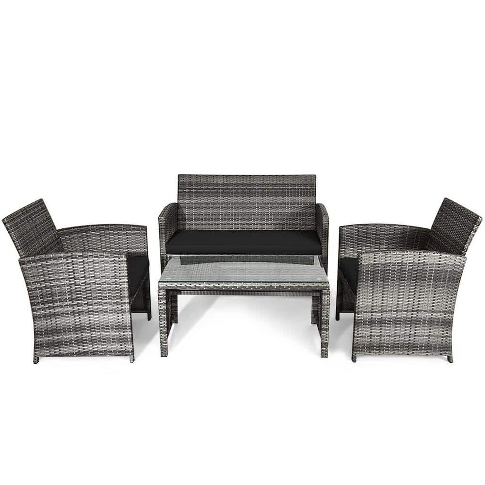 Black 4-Piece Rattan Patio Furniture Set with Glass Table