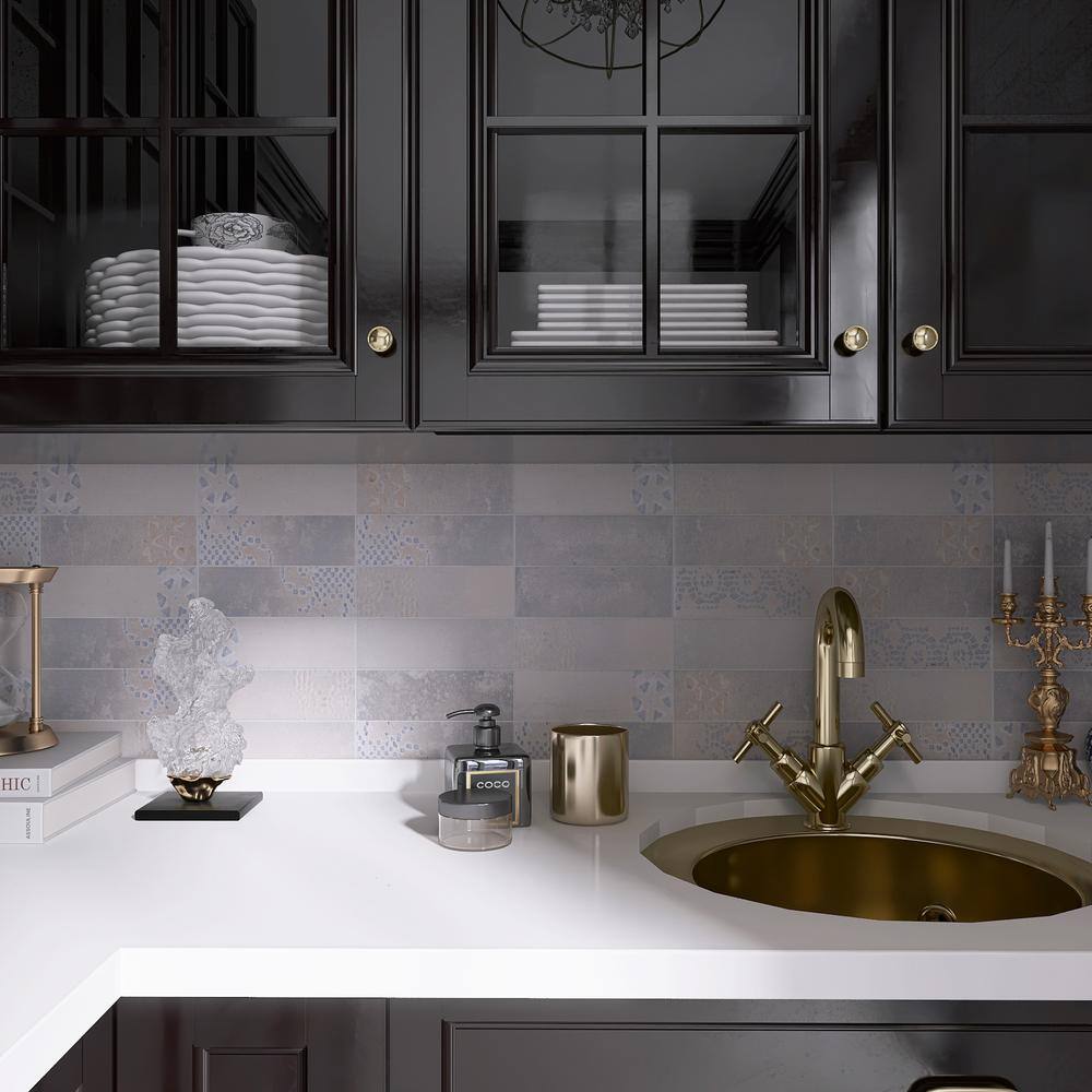 Tempo 3" x 8" White and Gray Porcelain Subway Tile