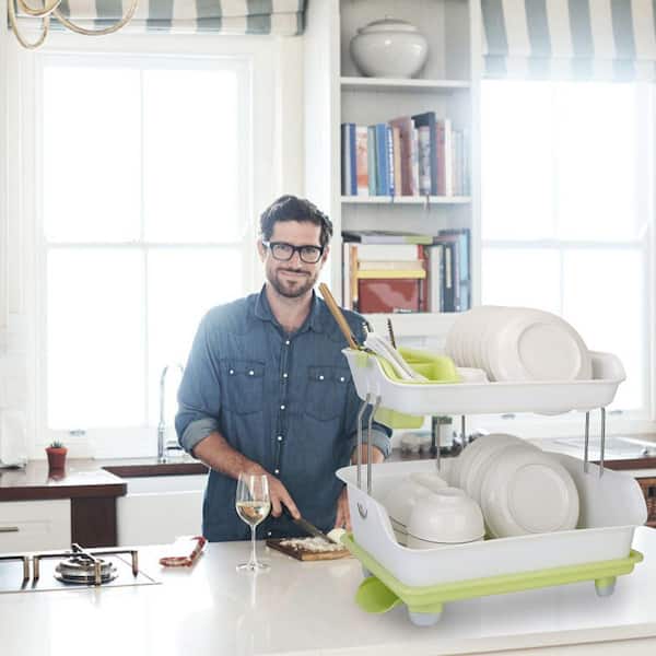 Green White PP and Stainless Steel Standing 2-Tier Dish Drying Rack