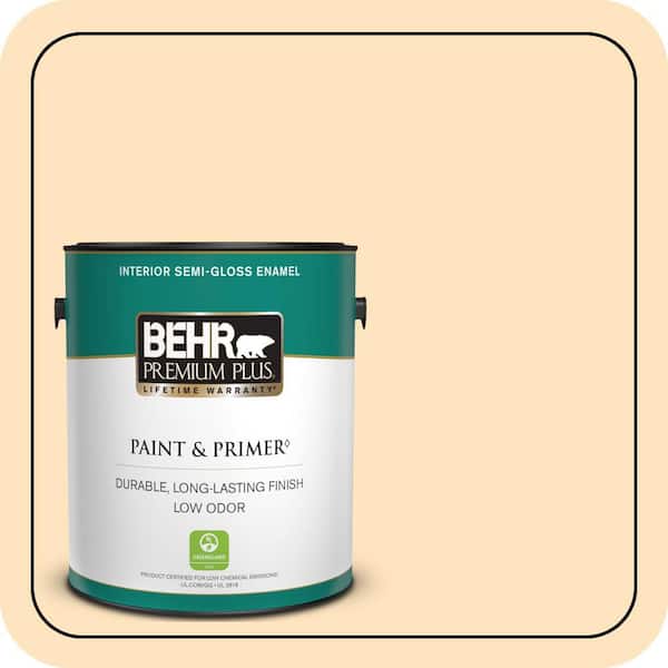 BEHR PREMIUM PLUS 1 gal. #320C-2 Cream Yellow Semi-Gloss Enamel Low Odor Interior Paint & Primer
