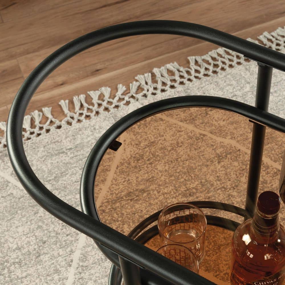 Coral Cape Black Metal Bar Cart with Amber Glass Shelves