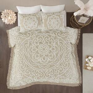 Virginia 3-Piece Taupe Cotton Tufted Chenille Medallion Fringe Full/Queen Coverlet Set