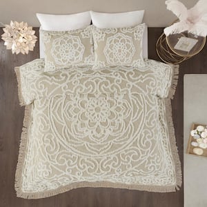 Virginia 3-Piece Taupe Cotton Tufted Chenille Medallion Fringe King/Cal King Coverlet Set