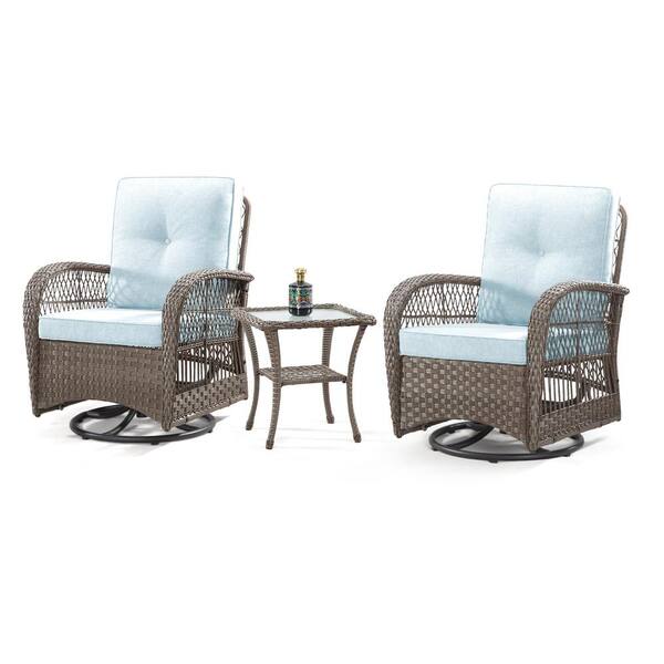 Sudzendf 3-Piece Brown Wicker Patio Conversation Set, Rocking Chair Set with Light Blue Cushions and Coffee Table