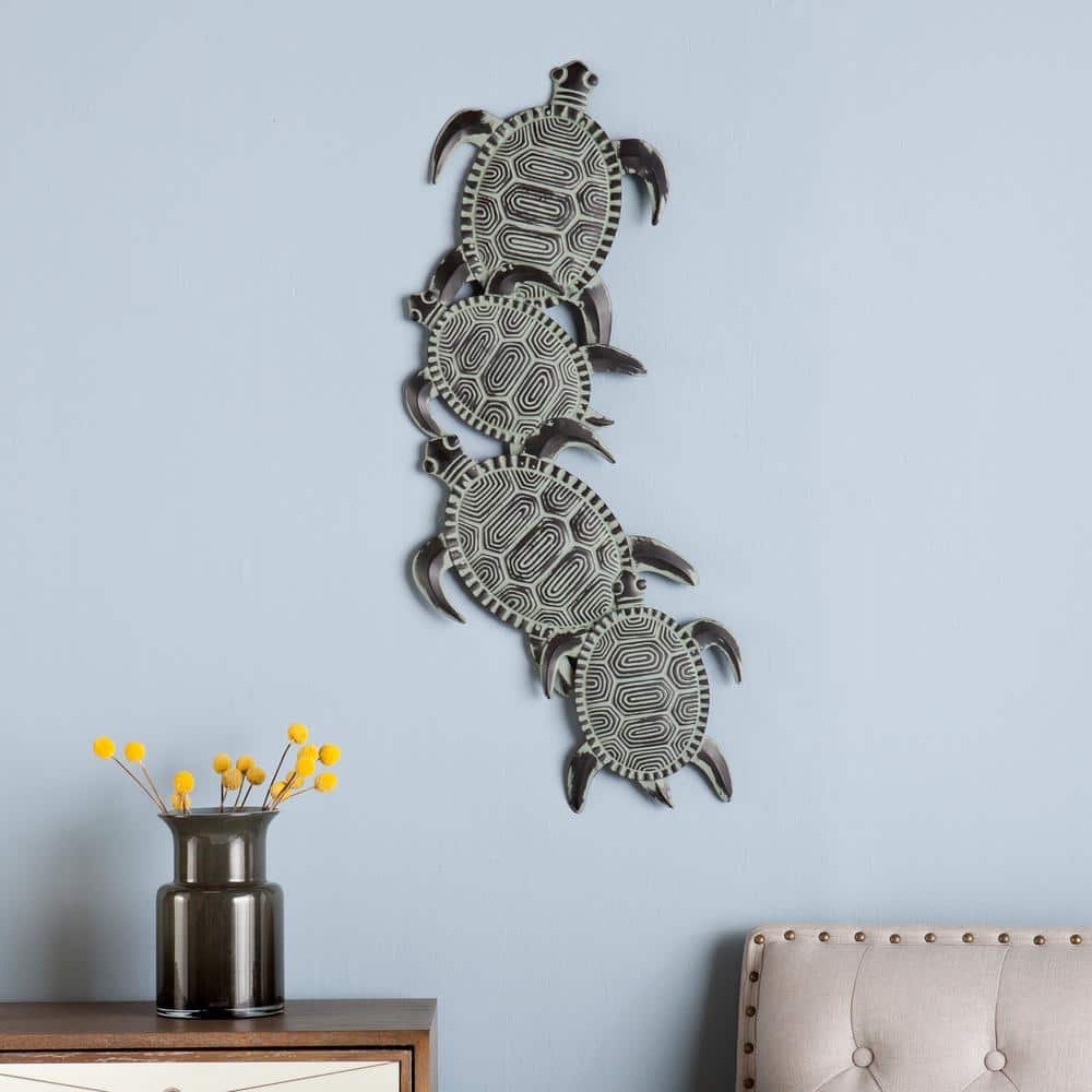 Hand-Painted Green and Black Metal Sea Turtle Wall Sculpture