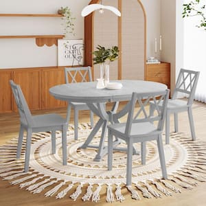 5-Piece Round Gray Wood Top Extendable Dining Table Set with 15.7 in. Removable Leaf, 4 Cross Back Chairs