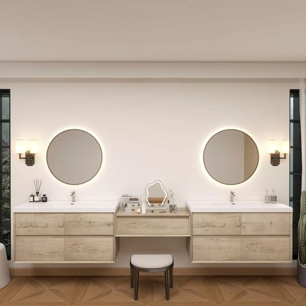 Kingdee 130 in. W x 20 in. D x 26 in. H Double Sink Middle Table Counter Bath Vanity in Light Oak with White Acrylic Top