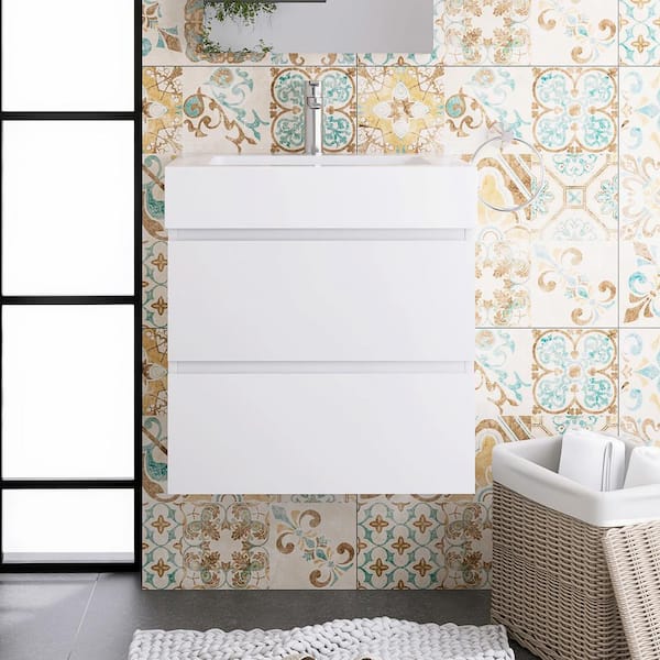 Staykiwi 24 in. W x 18 in. D x 25.2 in. H Single Sink Floating Bath Vanity in White with White Solid Surface Top