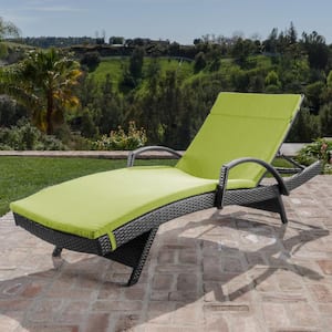 Miller Grey Faux Rattan Outdoor Chaise Lounge with Green Cushion and Armrest