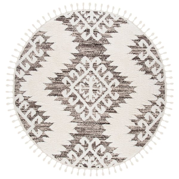 Moroccan Tassel 5 ft. x 5 ft. Ivory/Brown Geometric Round Rug