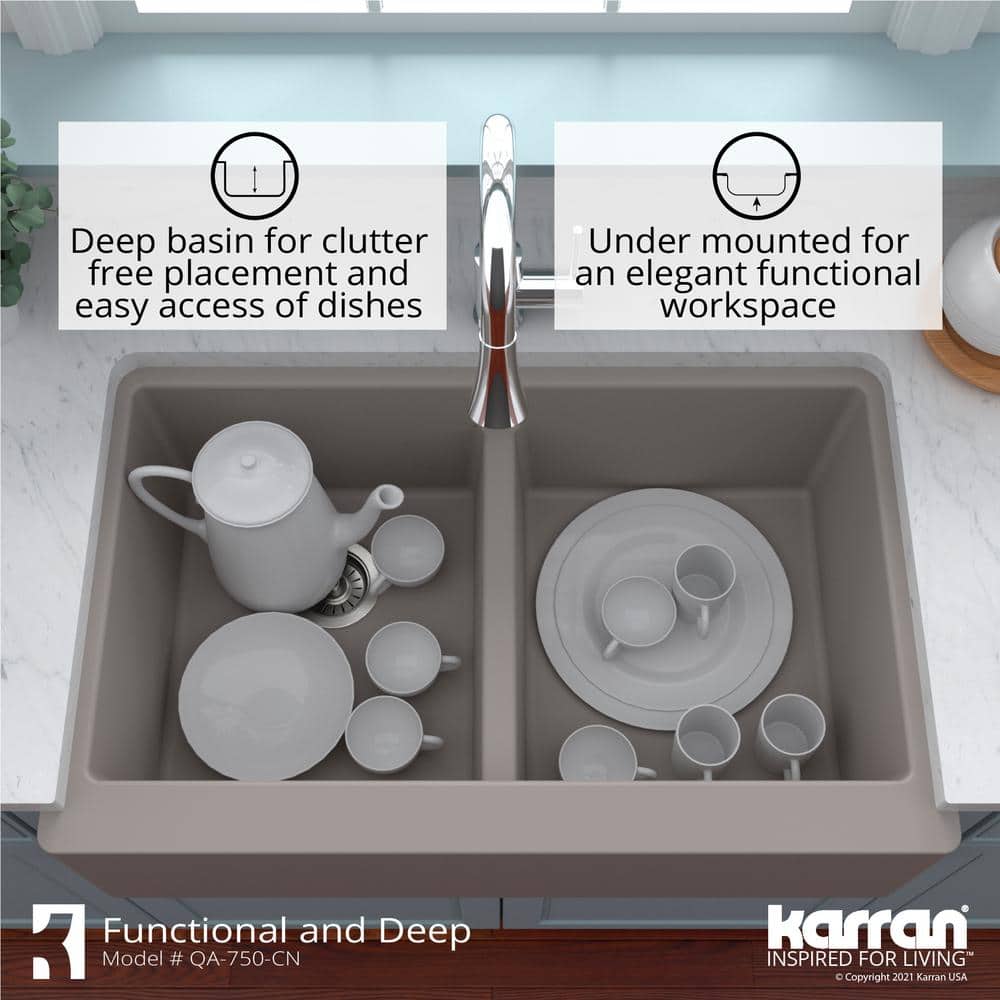 Concrete Quartz Composite Farmhouse Apron Front Double Bowl Kitchen Sink