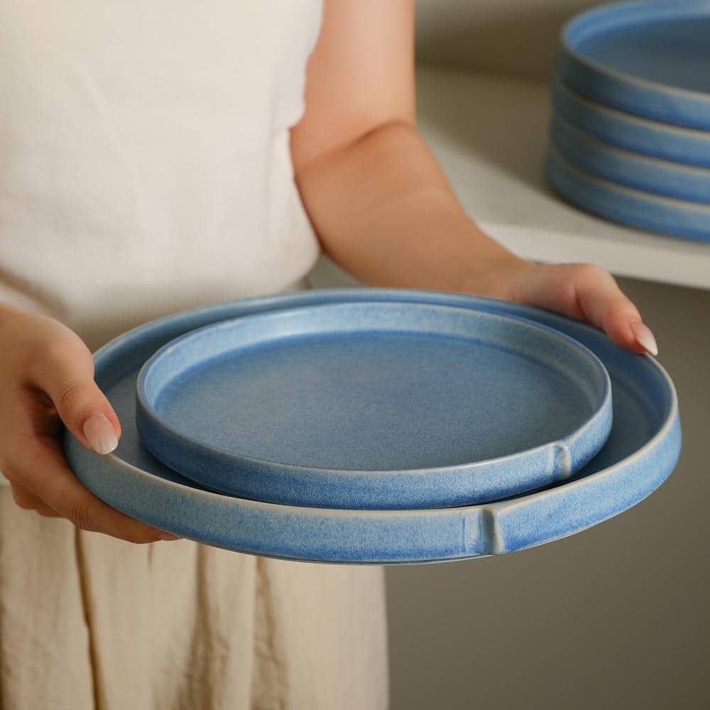 Blue Ceramic Minimalist Round Salad Plate Set, 7.4 inches, Set of Four