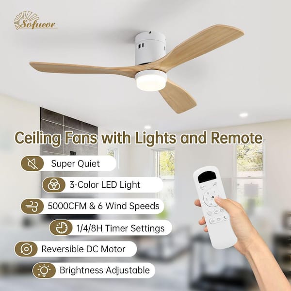 52 in. LED Indoor/Outdoor Flush Mount White Ceiling Fan with Wood Blades, 6-Speed DC Remote Control