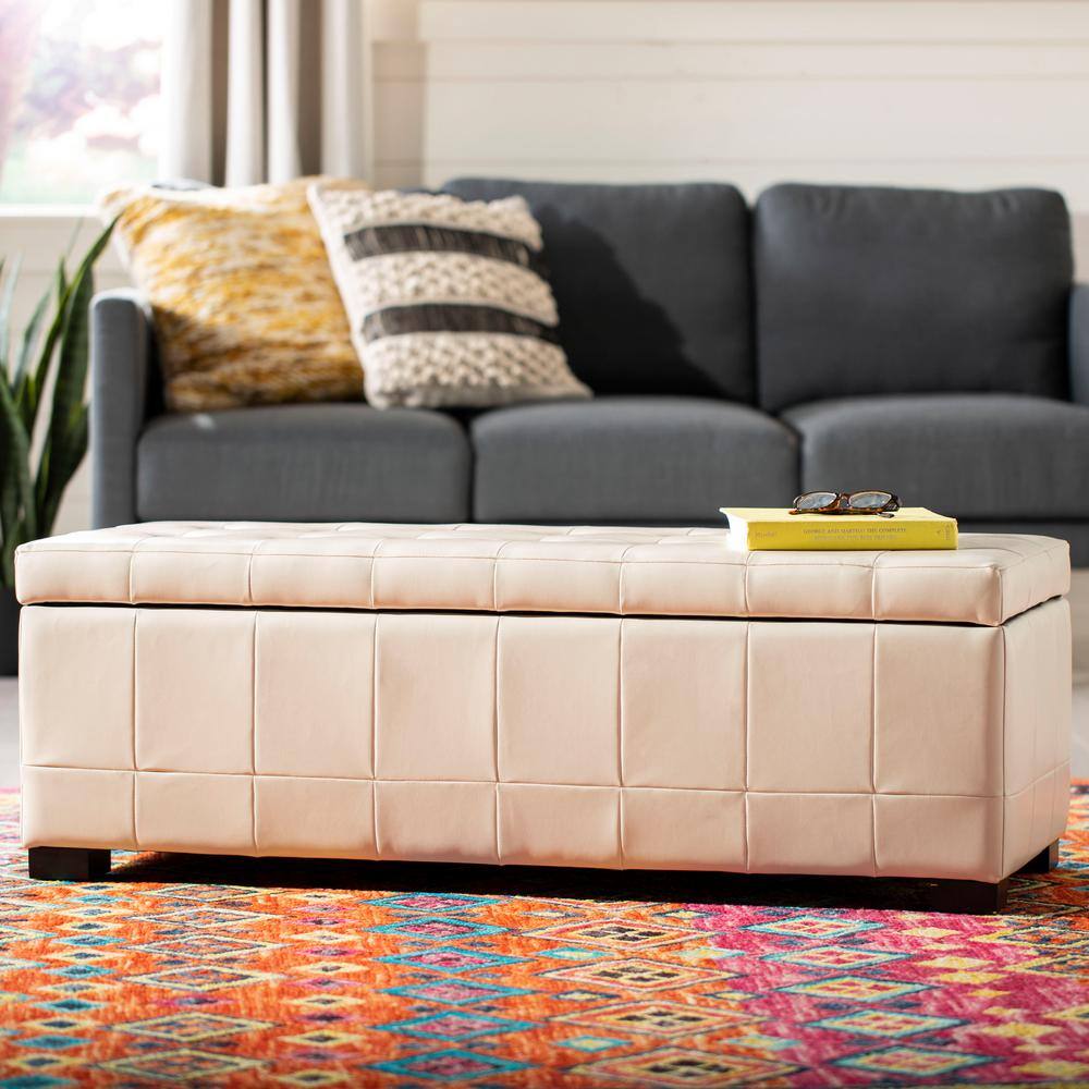 Large Off-White Quilted Leather Storage Bench with Beech Wood Legs
