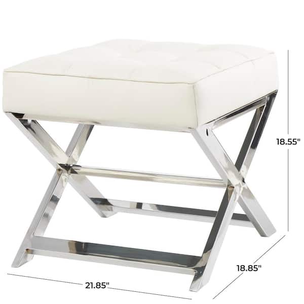 Caspian White Leather Stool with Stainless Steel Supports Medium (19 in.) Ottoman