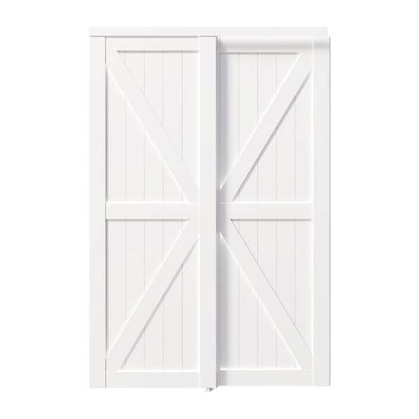 TENONER 60 in. x 80 in., Solid Core, White MDF Double K Shape Sliding Door with All Hardware