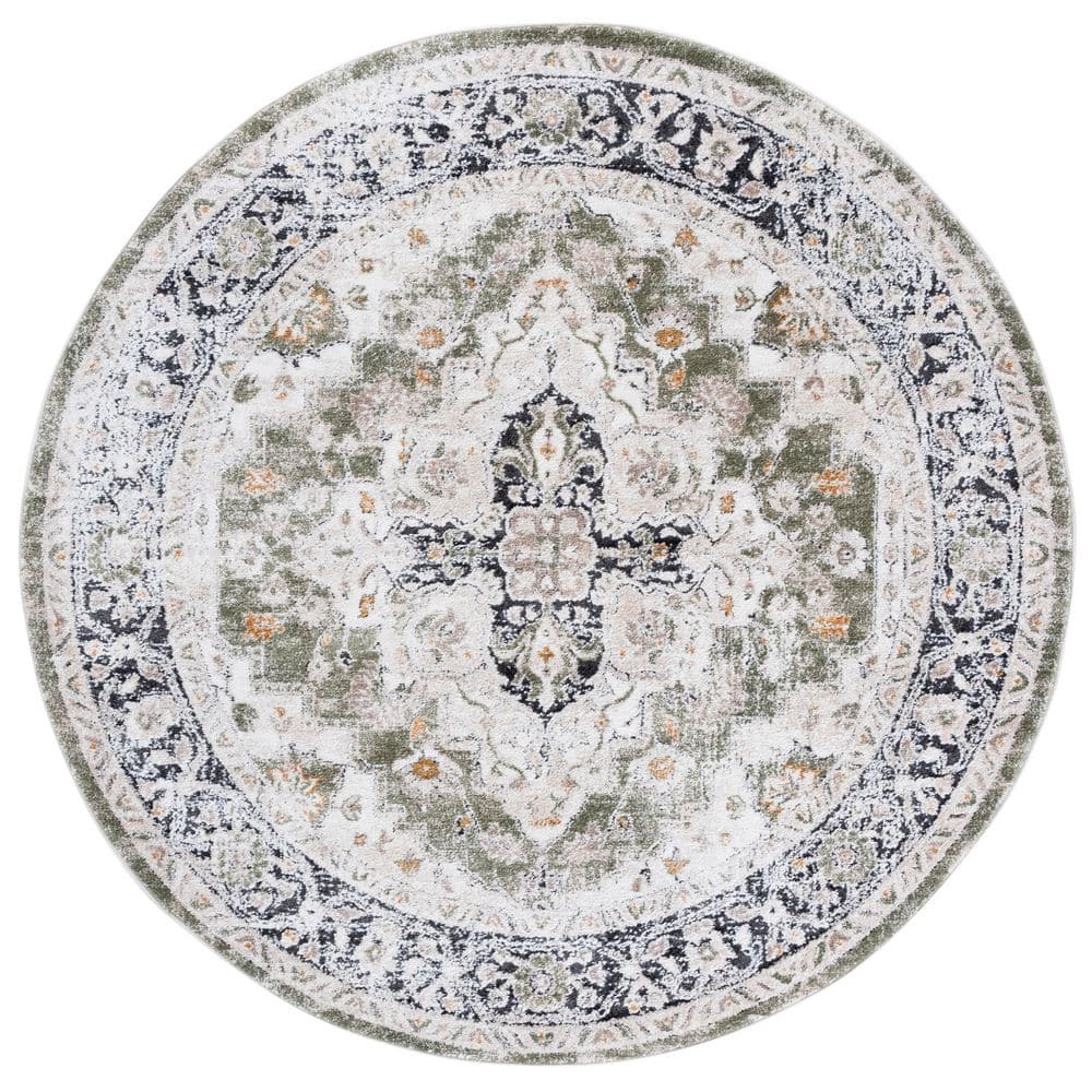 Green and Beige Round Synthetic Medallion Area Rug, 6'7"