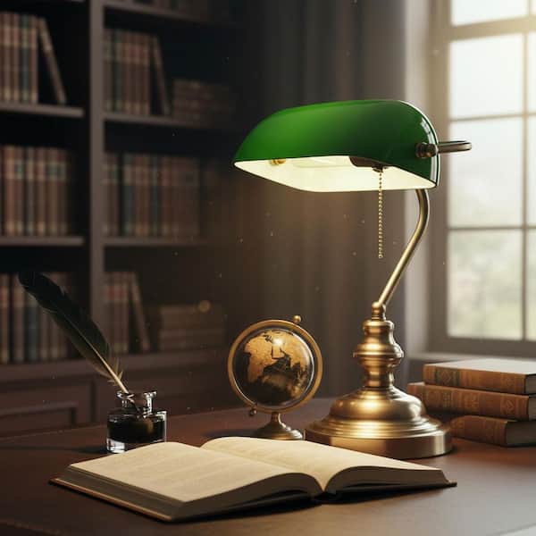 1-Light Traditional Bankers Desk Lamps with Classic Green Shade and Polished Brass Finish with Pull Chain Switch