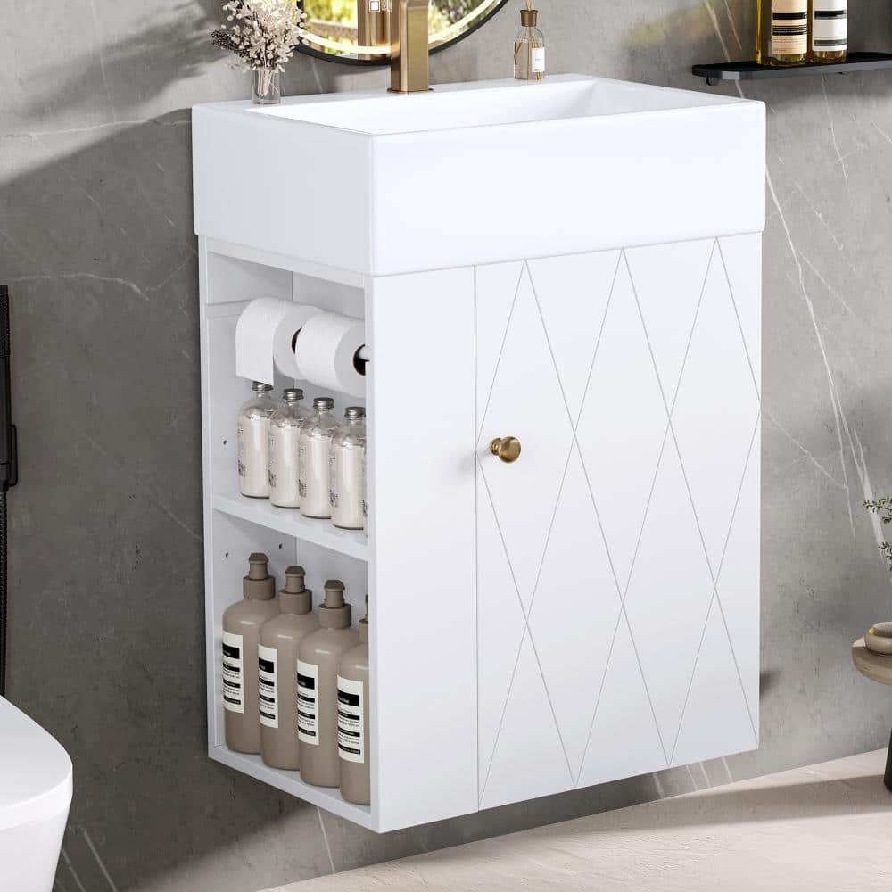 20 in. W White Wall-Mounted Bathroom Vanity with Ceramic Sink, Diamond-Pattern Door and Open Side Shelves price history on PriceWatchPro