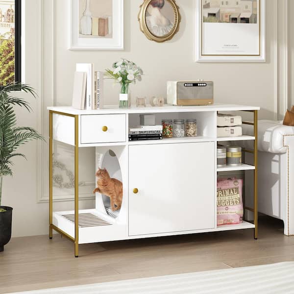 FUFU&GAGA 6 in 1 White Cat Hidden Litter Box with Drawer and Shelves, Wood Cat Litter Box Enclosure Furniture with Litter Catcher