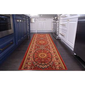 Medallion Oriental Cut to Size Red Color 26" Width x Your Choice Length Custom Size Slip Resistant Rubber Runner Rug